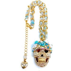 💀🖤💗Betsey Johnson Blue Ribbon Chain - Crystal Sugar Skull Pendant Necklace